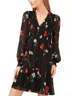 CeCe Black Floral Long-Sleeve Smocked V-Neck Tiered Dress. NWOT Size PM